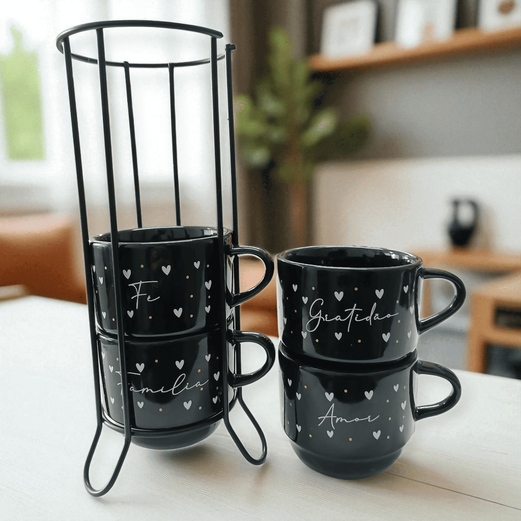 Kit 4 Xícaras Empilháveis Porcelana com S...