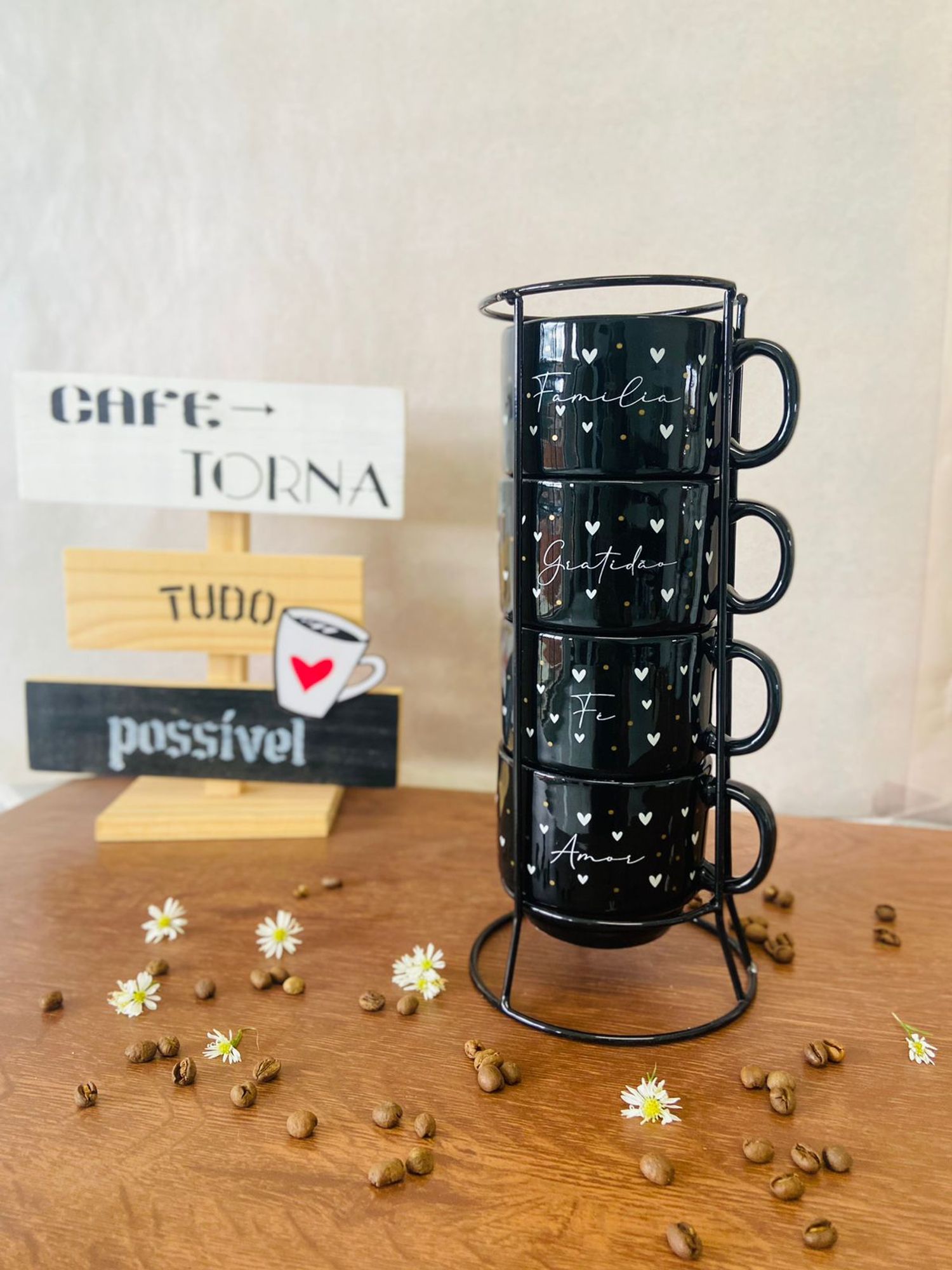 Jogo De 4 Xícaras Porcelana Preta Frases ...