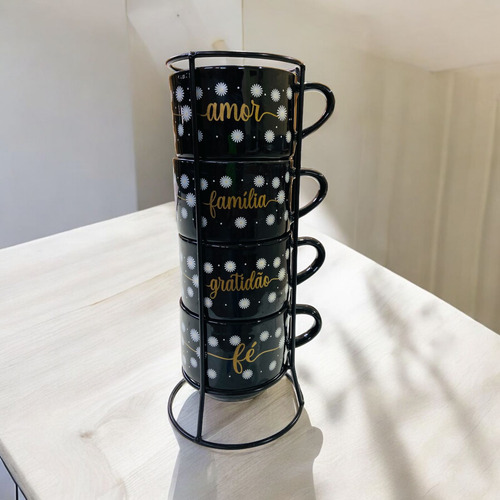 Jogo De 4 Xicaras Café Chá Porcelana Pret...