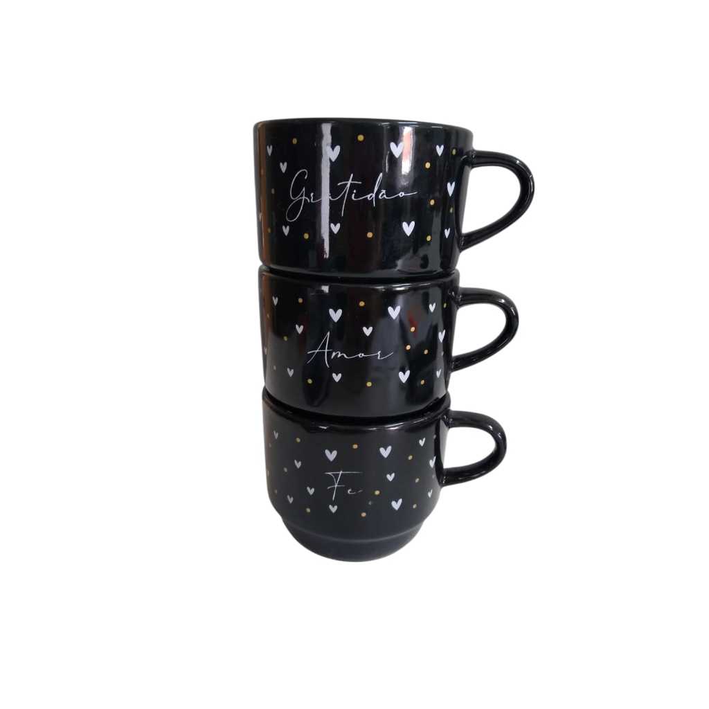 Jogo De 3 Xícaras Porcelana Preta Fé Amor...