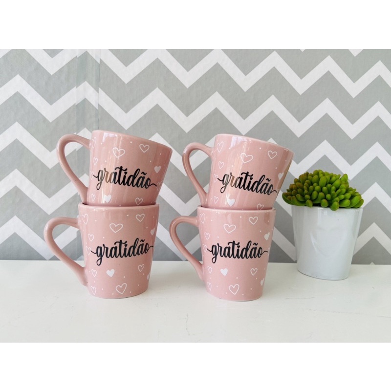 Jogo 4 Xícaras / Canecas Porcelana Rosa C...