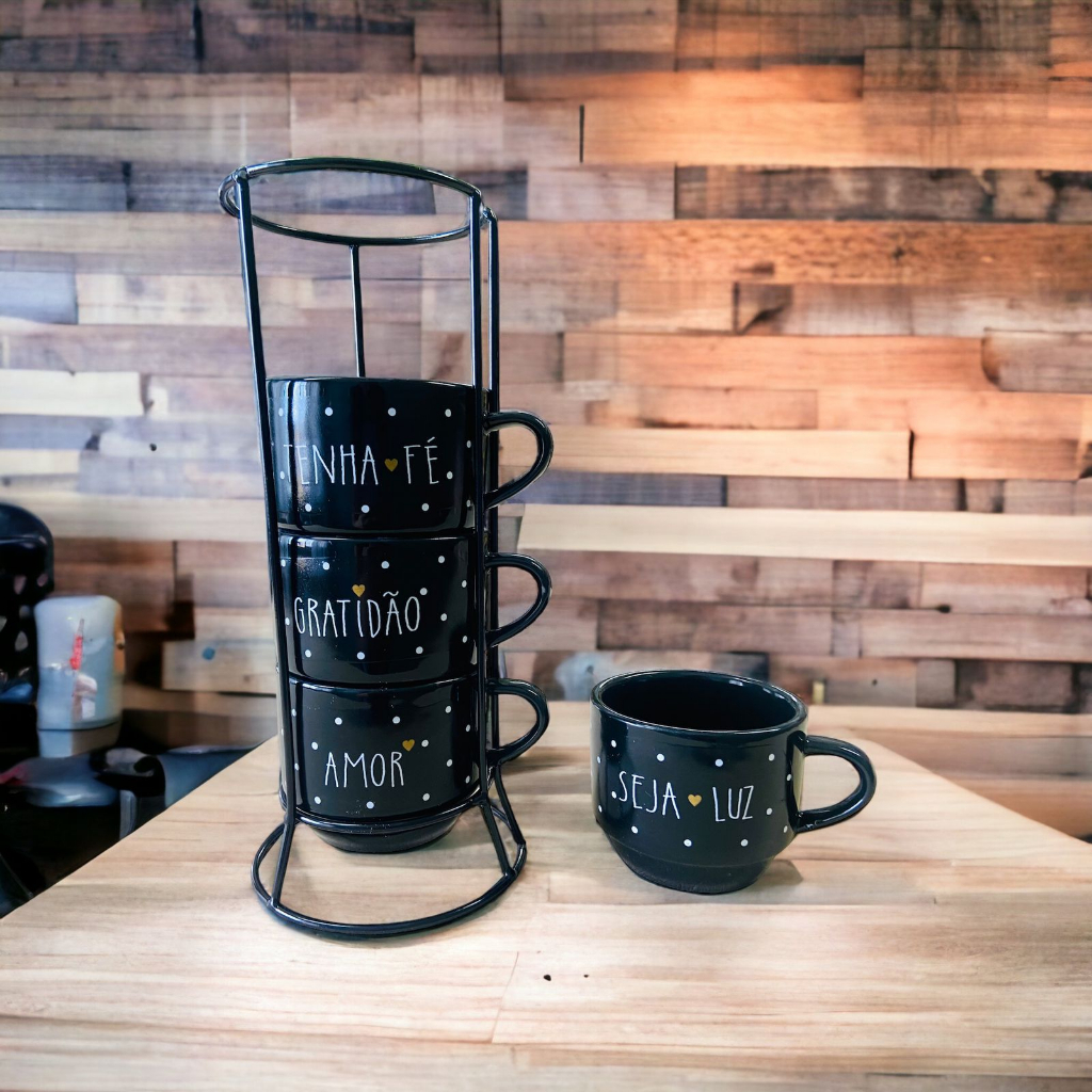 Kit 4 Xícaras Empilháveis de Porcelana Pr...