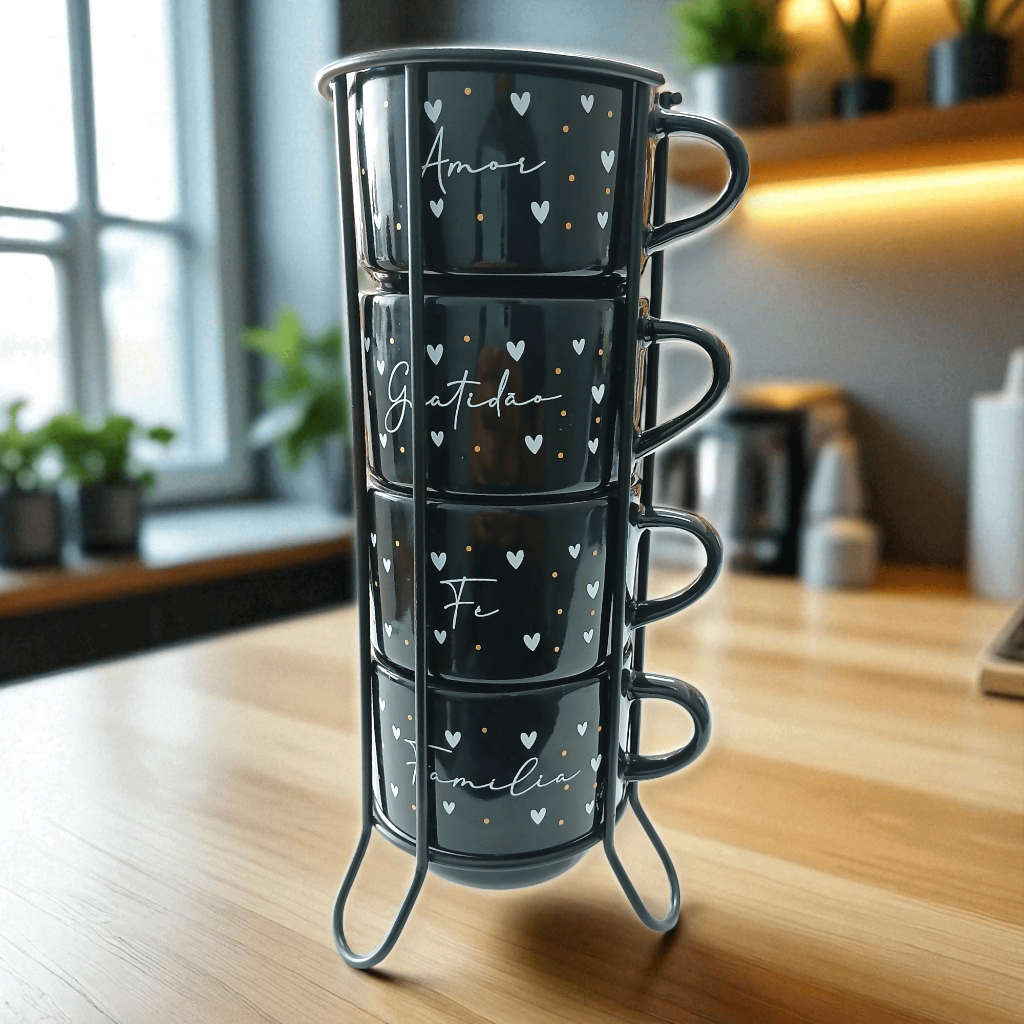 Kit 4 Xícaras Empilháveis Porcelana com S...