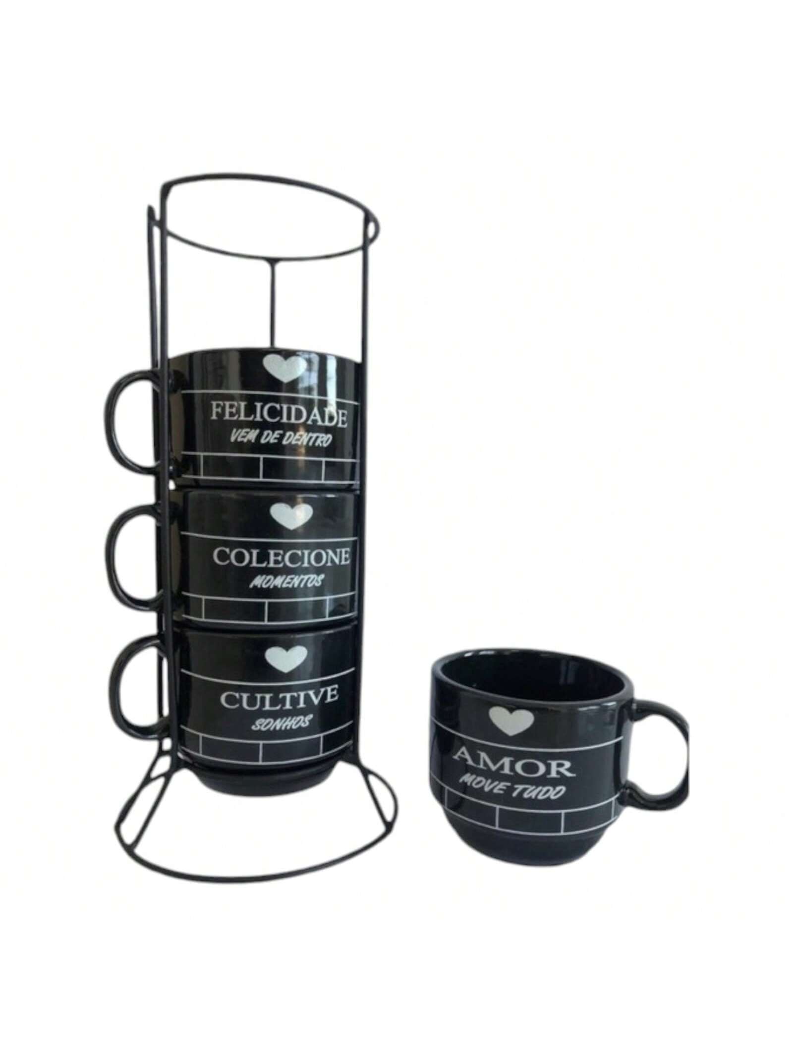 Jogo Xícaras Café Chá Pretas Suporte 4 Ca...