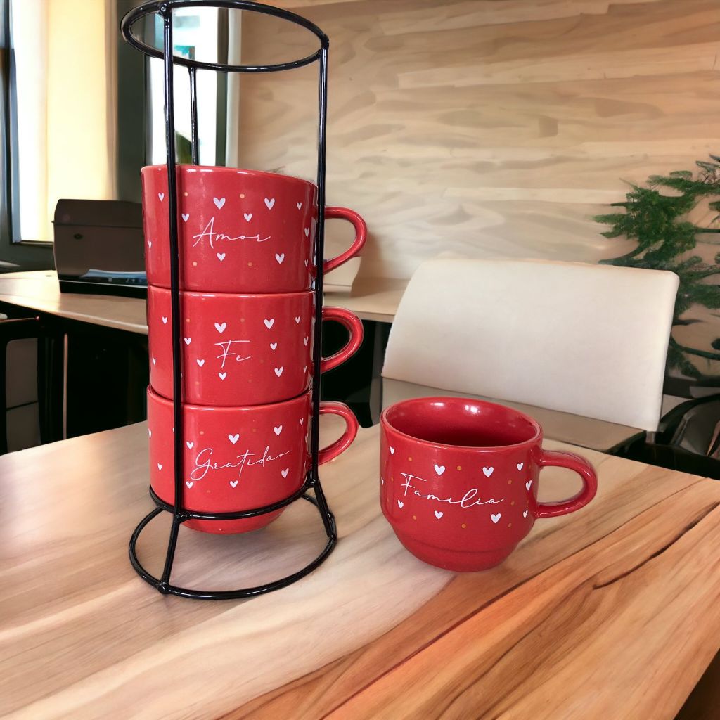 Jogo De Xícaras Café Chá Vermelha Com Sup...