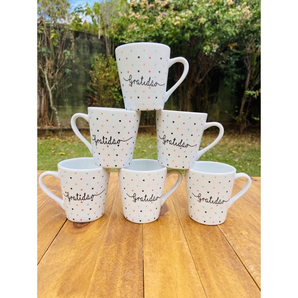 Jogo 6 Xícaras Porcelana decorada Gratidã...