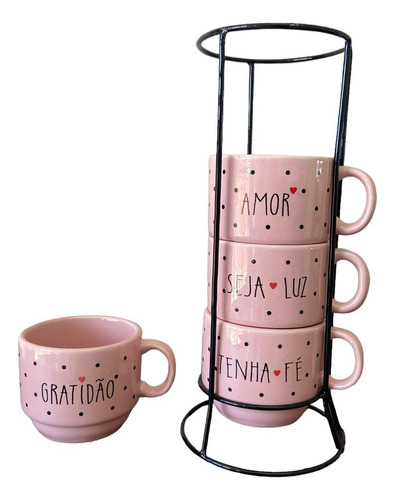 Jogo De Xícaras Café Chá Rosa Com Suporte...