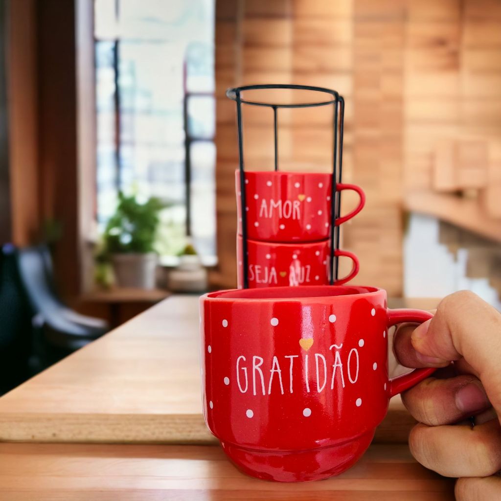 Jogo De Xícaras Café Chá Vermelha Com Sup...