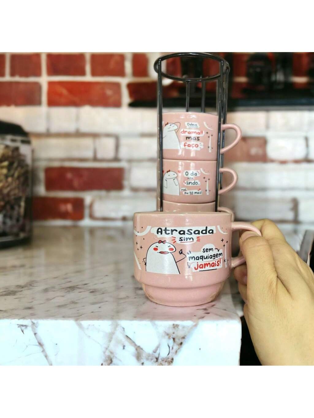 Conjunto Xícaras Chá Café Rosa com Suport...