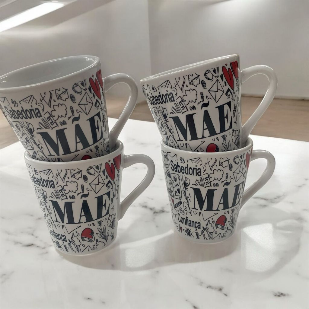 Jogo 4 canecas decoradas mãe faixa 120ml