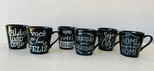 8 Canecas Pretas 300 Ml Decoradas