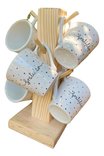 Jogo 6 Xícaras Coração Com Suporte Em Mad...