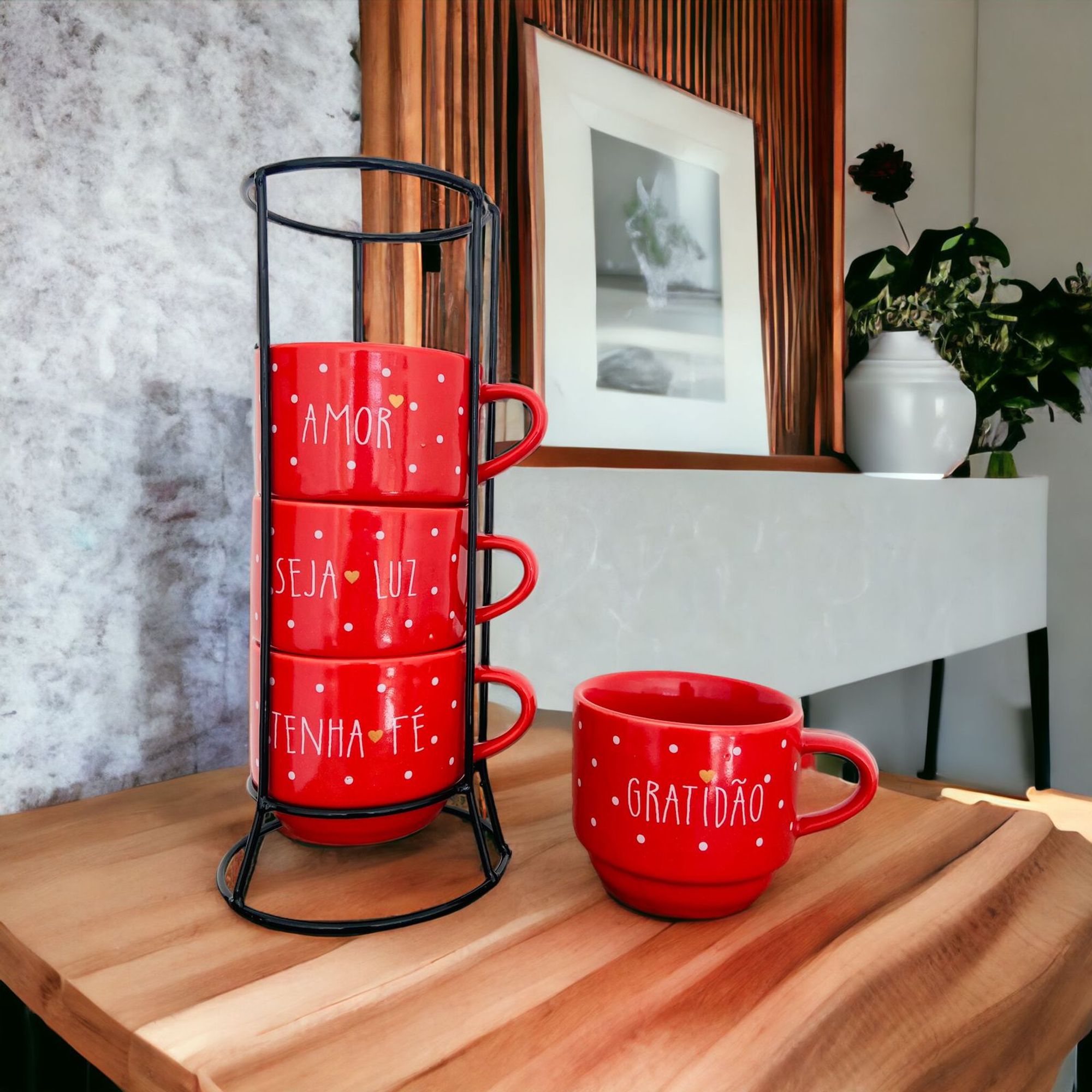 Jogo De Xícaras Café Chá Vermelha Com Sup...