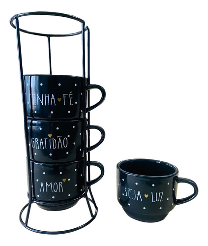Jogo De Xícaras Café Chá Preta Com Suport...