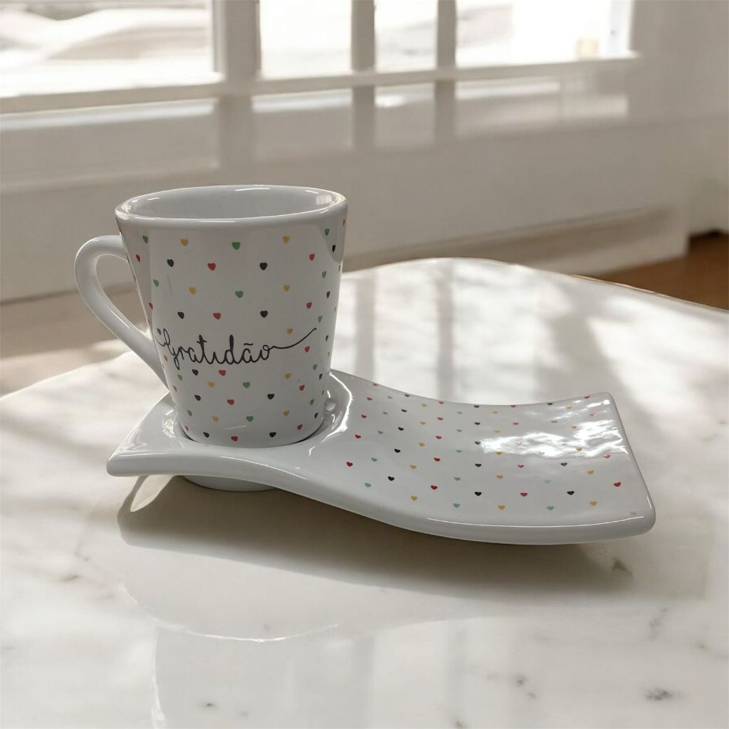 Kit Caneca Porcelana  E Pratinho Ondulado...