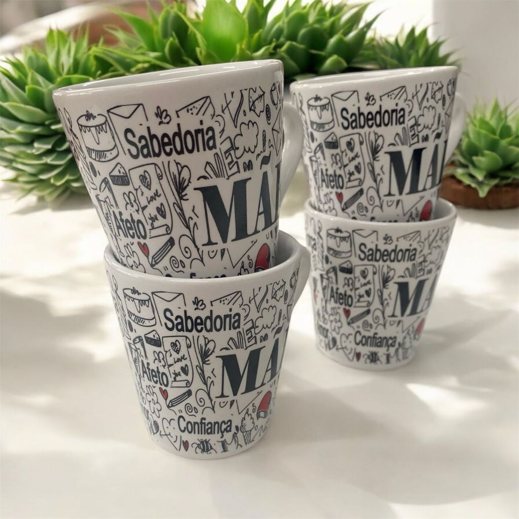 Jogo 4 canecas decoradas mãe faixa 120ml