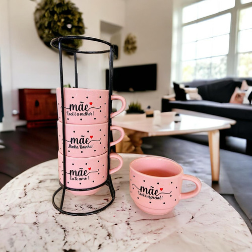 Jogo De Xícaras Café Chá Rosa Com Suporte...