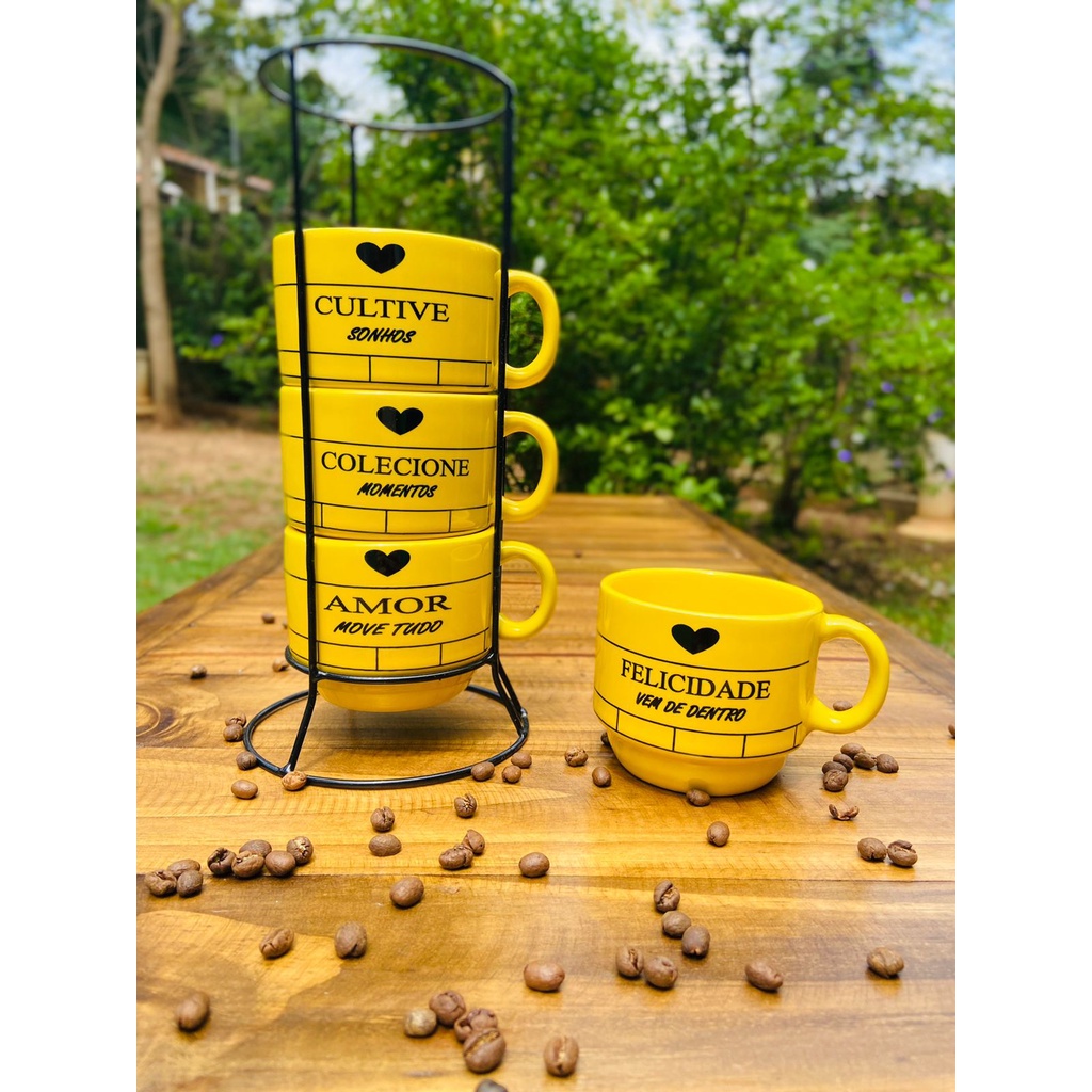 Jogo De Xícaras Café Chá Amarela Com Supo...
