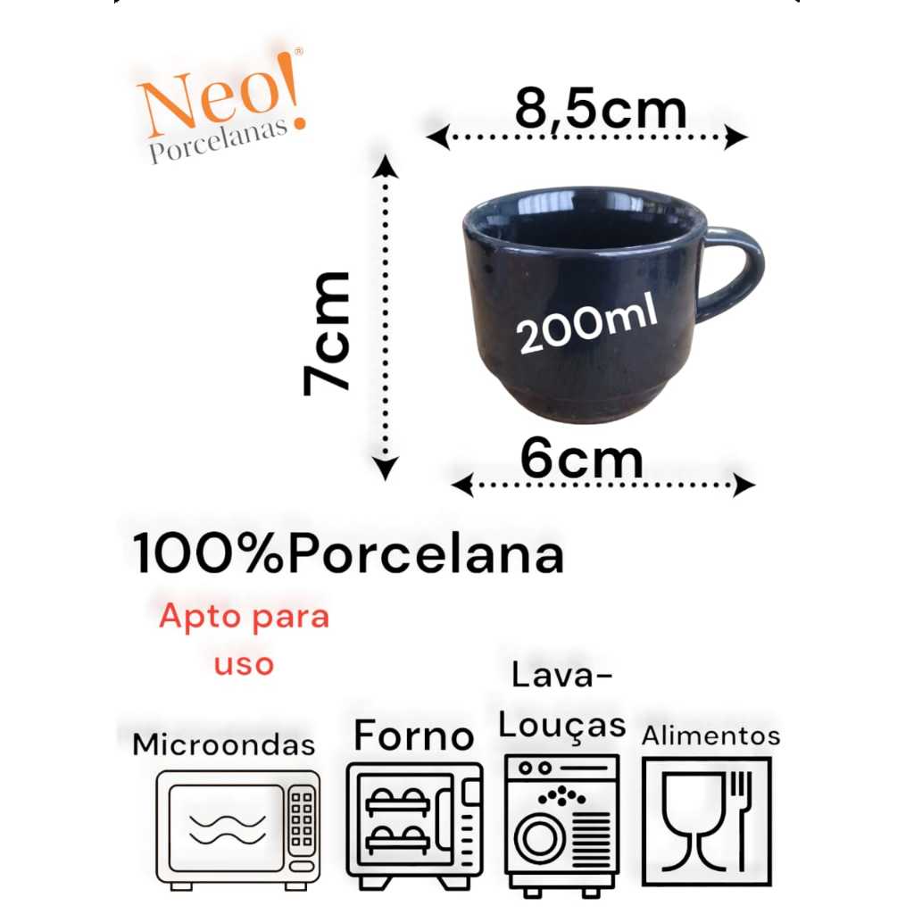 Jogo De 4 Xícaras Porcelana Preta Fé Fami...