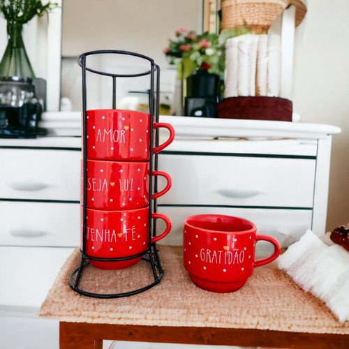 Jogo De Xícaras Café Chá Vermelha Com Sup...