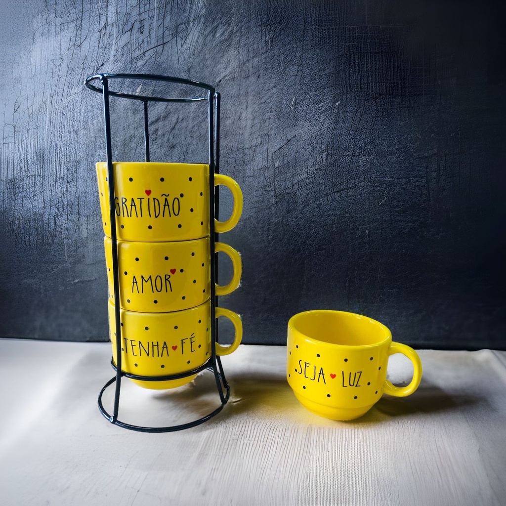 Jogo De Xícara Café Chá Amarela Com Supor...