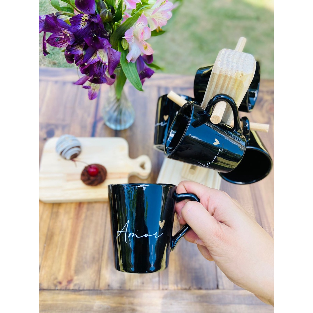 Jogo 6 Xícaras caneca Porcelana Preta Com...