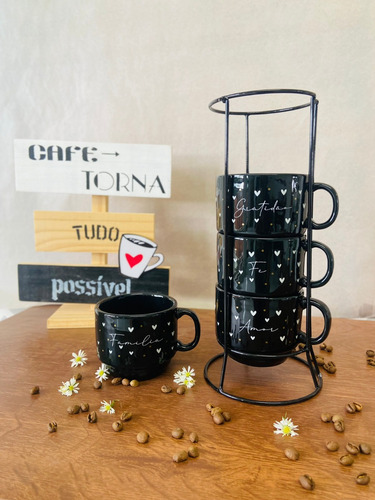 Jogo De 4 Xícaras Porcelana Preta Frases ...