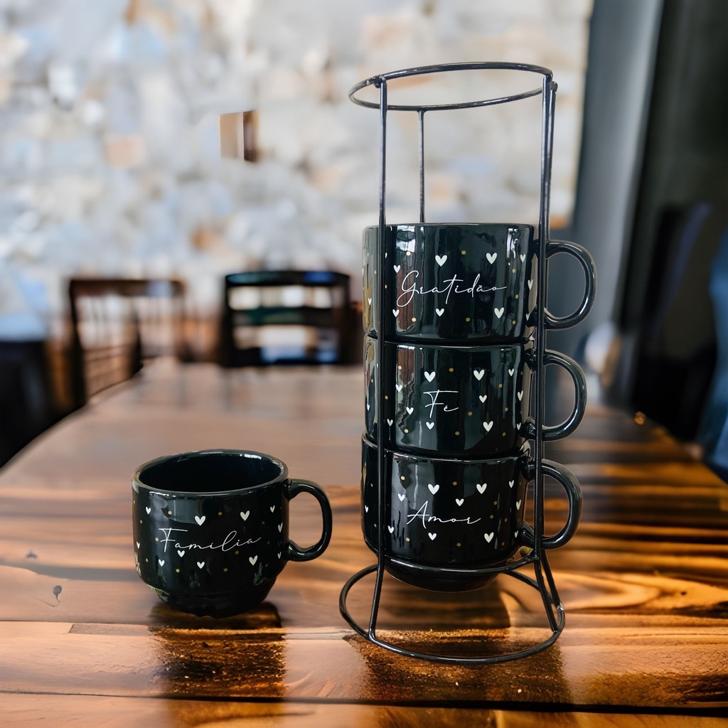 Jogo De 4 Xícaras Porcelana Preta Fé Fami...