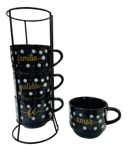 Jogo De 4 Xicaras Café Chá Porcelana Pret...