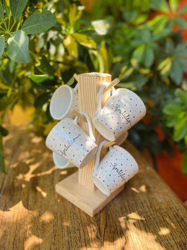 Jogo 6 Xícaras Coração Com Suporte Em Mad...